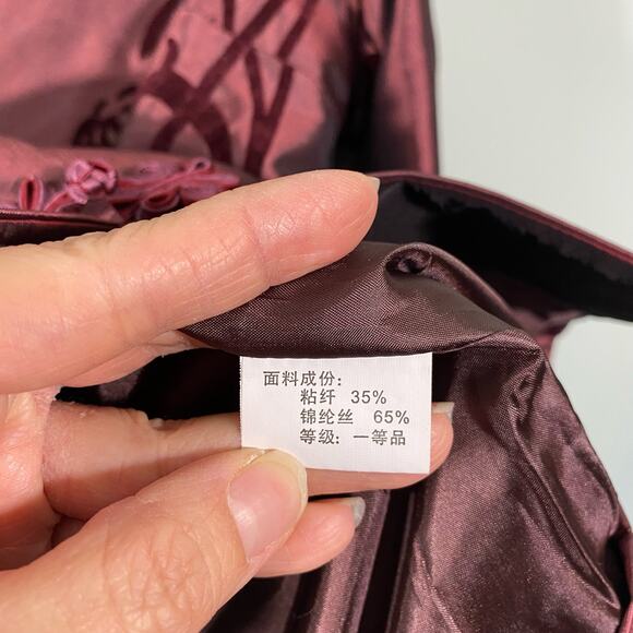 Vintage Dark Red Velvet Floral Mixed Media Button Up Tradition Chinese Jacket - Picture 7 of 8